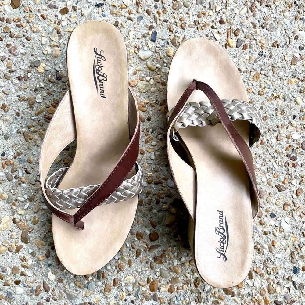 Lucky Brand Brown Gold Braid Wedge Sandals Size 9.5